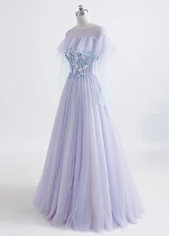 Lavender Off Shoulder Flower Lace Long Party Dress, A-line Purple Prom Dress Formal Dress Tunics Sale discount