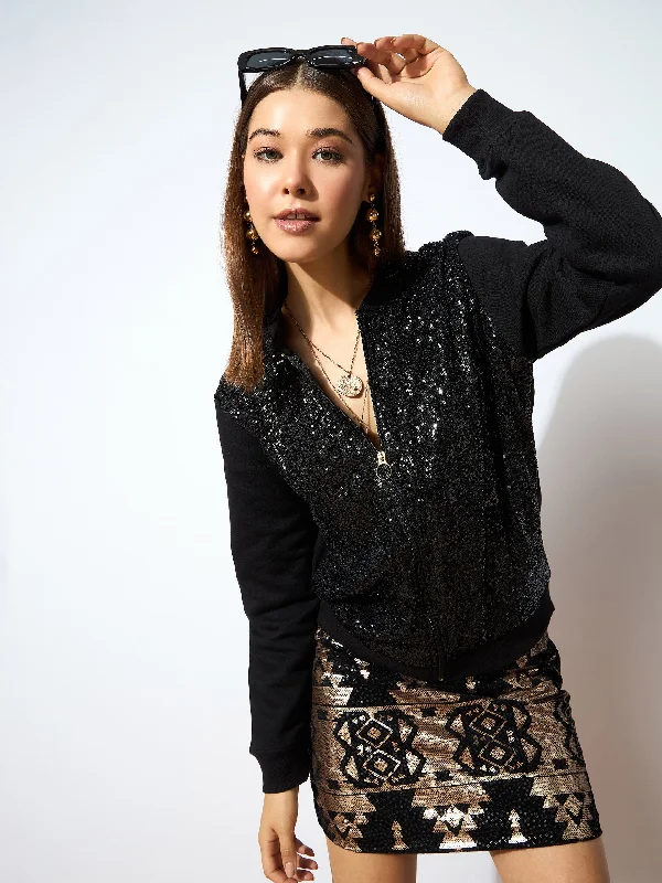Women Black Sequin Jacket Stand-Up Collar Roll-Neck Collar Turtle Neck