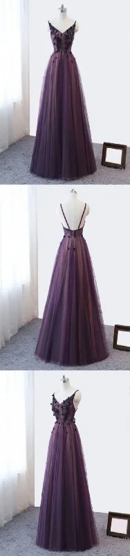 Purple V-neckline Tulle Lace Applique Party Dress, Purple Formal Dress Prom Dress Tunics Handmade artisanal