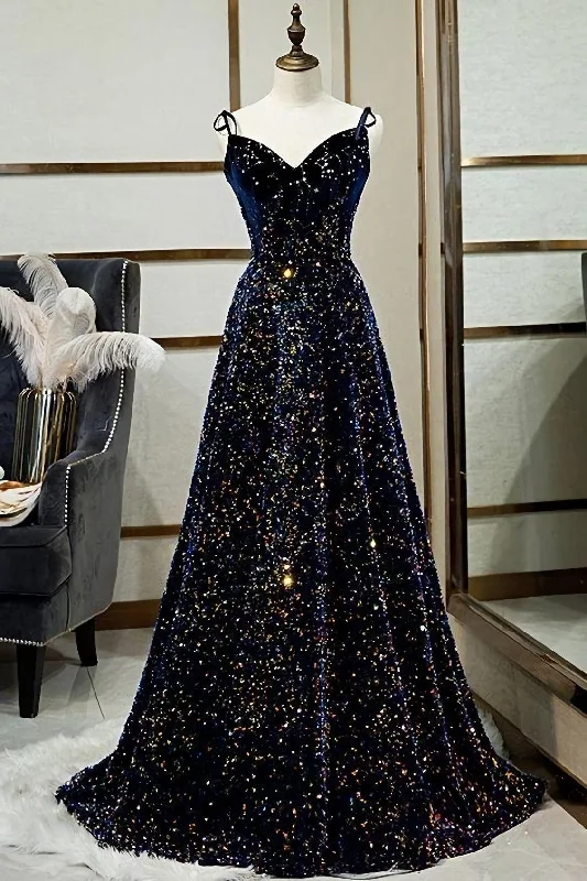 Sparkly A Line Spaghetti Straps Lace Up Back Long Prom Dresses, Evening Party Dresses Tunics Print Colorful