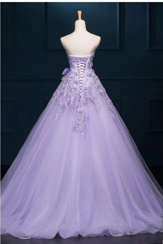 Light Purple Tulle Long Sweet 16 Dress with Bow, Lace Applique Purple Prom Dress Party Dress Tunics Stylish modern