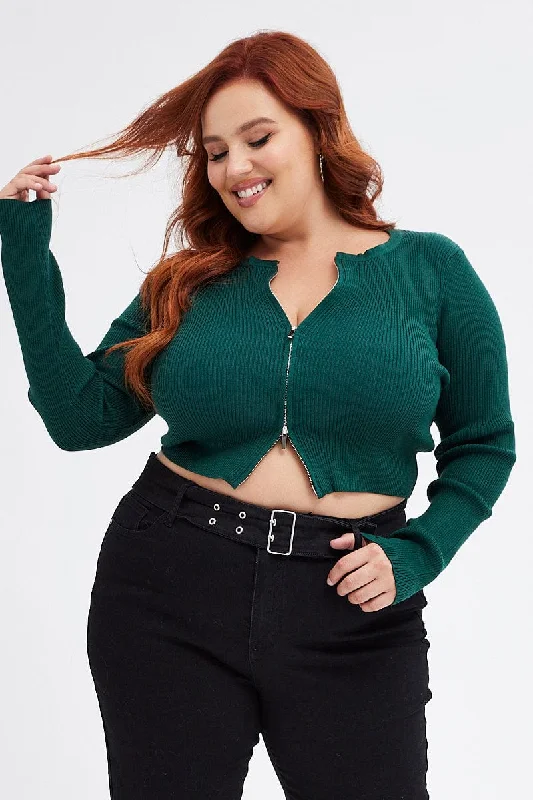 Green Knit Cardigan Zip Up Ribbed Fleece Fabric Down Fabric Feather Fabric