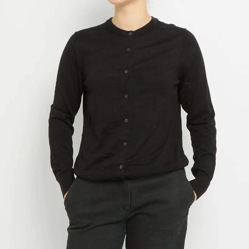 Round Neck Cardigan - UK 14 Houndstooth Herringbone Solid