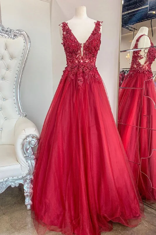 Red V-Neck Tulle Lace Long Prom Dresses, A-Line Red Evening Party Dresses Tunics Distressed trendy