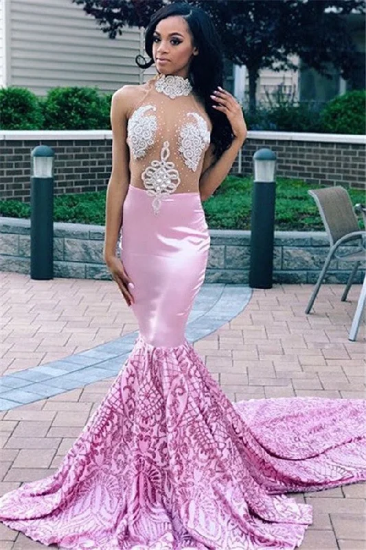 Sexy High Neck Applique Mermaid Party Dresses | Pink Sheer Tulle Sleeveless Prom Dresses Tunics Office stylish