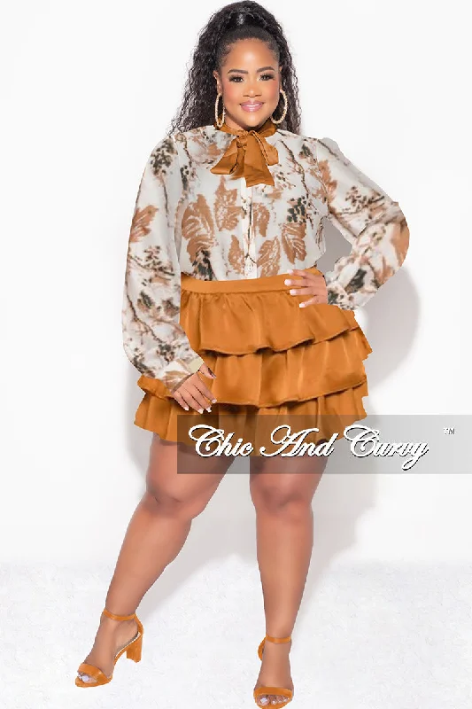 Final Sale Plus Size 2pc Set Button Up Collar Tie Top and Ruffle Layered Hem Mini Skirt in Rust silk skirt smooth