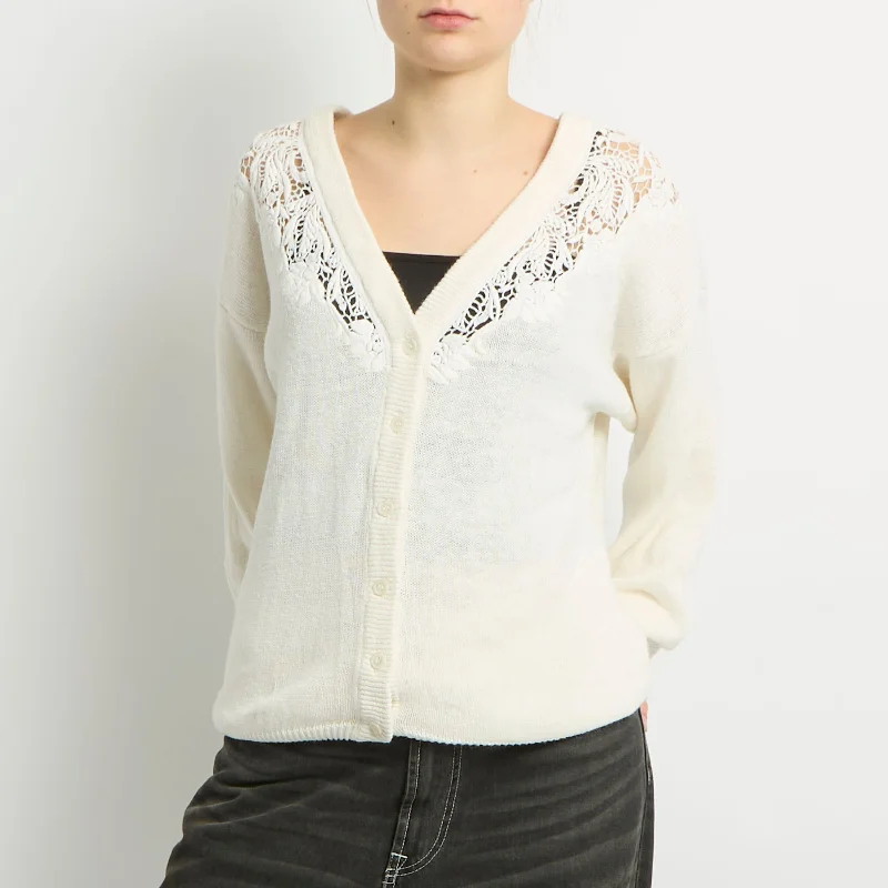 Floral Detail Knitted Cardigan - UK 14 Welt Pockets Slit Pockets Flap Pockets
