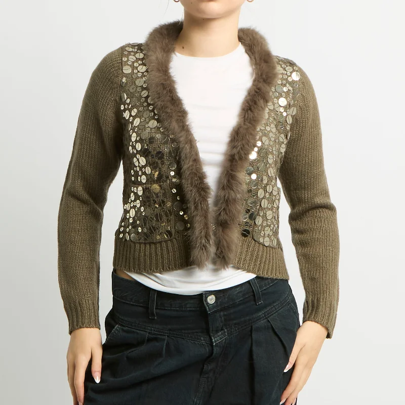 Sequin Detail Fur Trim Knit Cardigan - UK 10 Zippered Buttoned Snapped