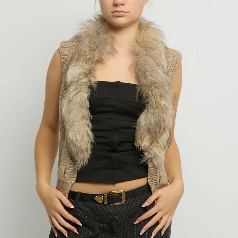Fur Trim Sleeveless Cardigan - UK 12 Thin Thick Dense