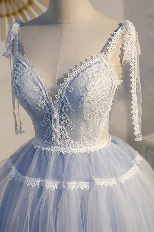 Blue Lace Short A-Line Prom Dress, Cute V-Neck Homecoming Party Dress Sequined Elegant Party