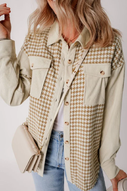 Fluerette Houndstooth Button Up Long Sleeve Jacket Front Pockets Side Pockets Patch Pockets
