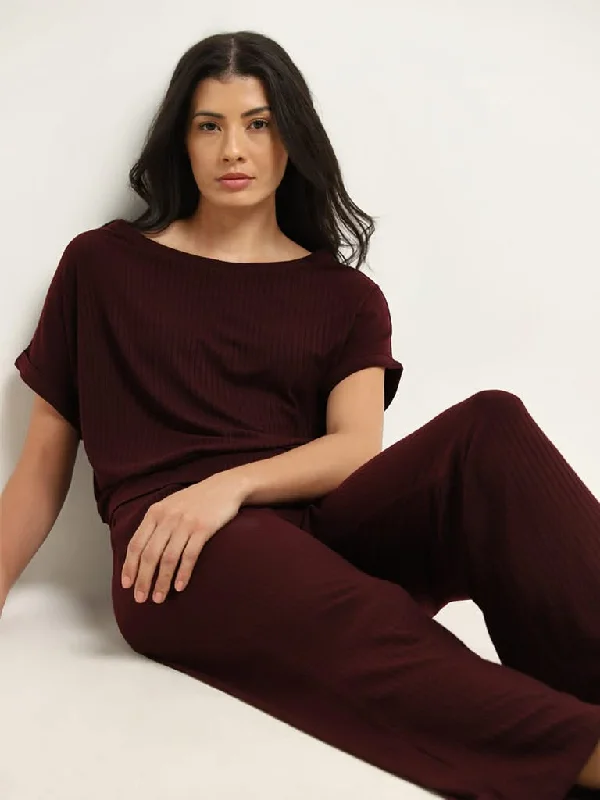 Wunderlove Brown Ribbed High-Rise Pants Soft Cotton Pants