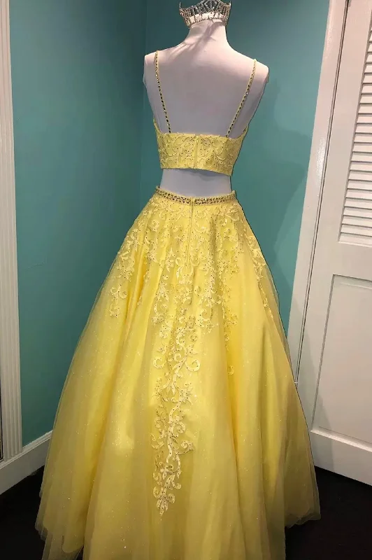 Yellow Lace Two Pieces Prom Dress, A-Line Evening Party Dress Tunics Fleece cozy