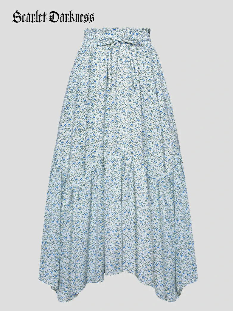 2025 Spring Floral Irregular Hem Skirt with Pockets floral skirt print