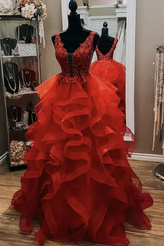 Gorgeous V Neck Open Back Red Lace Long Prom Dress,Formal Evening Dress,Red Ball Gown Party Dresses Square Neckline Feminine