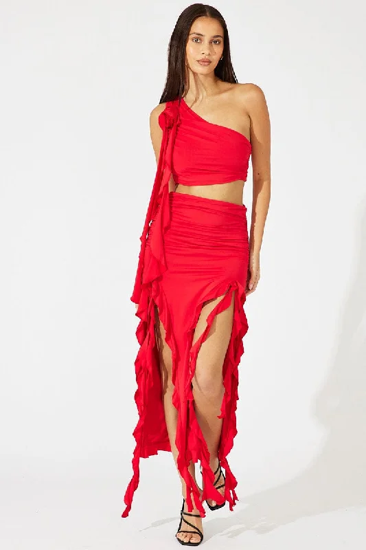 Red Ruffle Maxi Skirt denim skirt classic