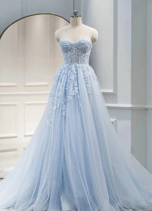 Light Blue Sweetheart Tulle with Lace Long Wedding Party Dress, Blue Prom Dress Boat Neckline Classic