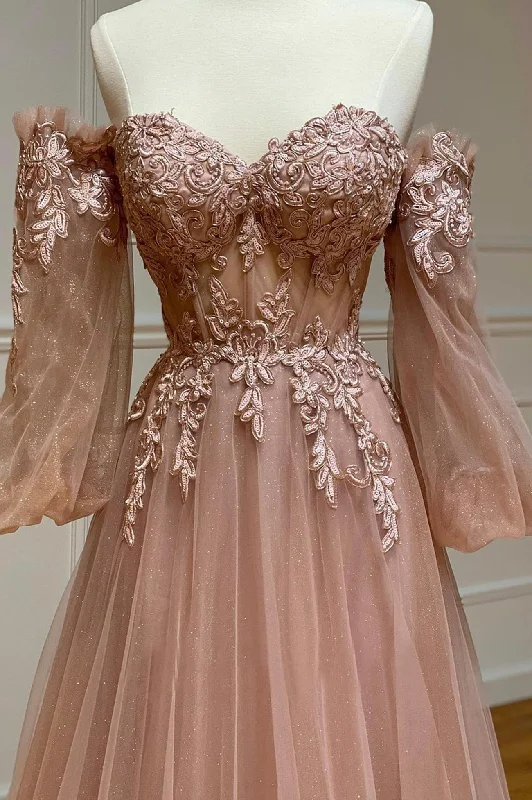 A-Line Strapless Long Lace Prom Dress, Sweetheart Neck Tulle Evening Party Dress Off-the-shoulder Chic Trendy