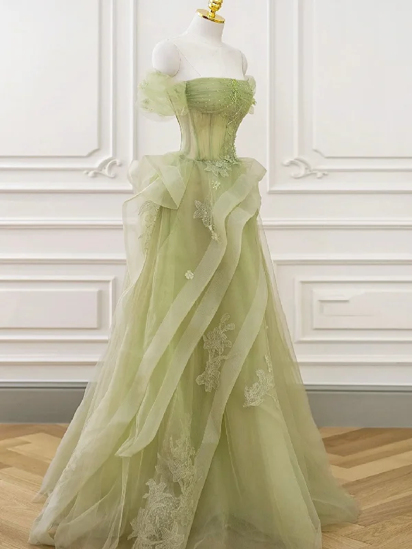 Green Tulle Long Floor Length Prom Dress, Beautiful A-Line Evening Party Dress with Lace Tunics Prom sequined