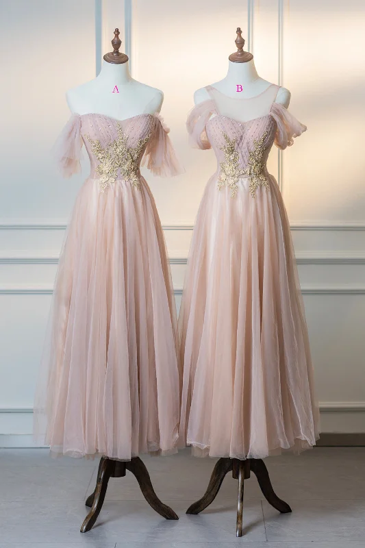 Cute Tulle Lace Tea Length Prom Dress, Pink A-Line Evening Party Dress Tunics Timeless classic