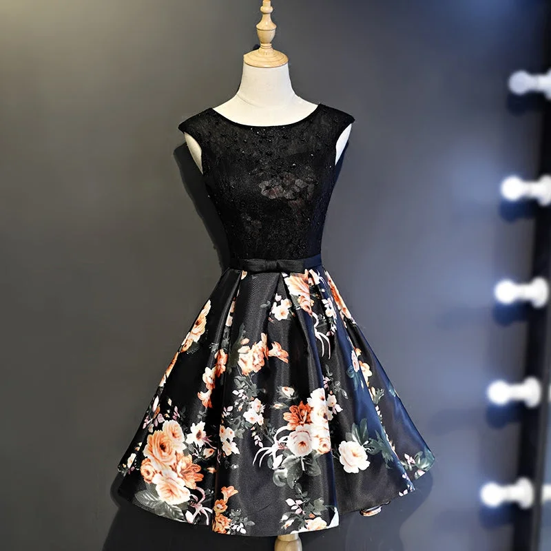 Black Floral Satin and Lace Round Neckline Short Party Dress Prom Dress, Black Homecoming Dresses Tunics Sophisticated sleek