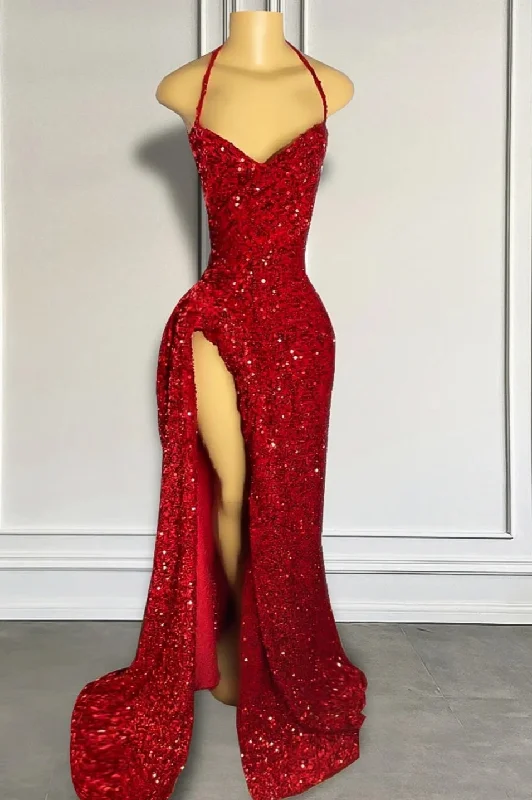 Halter Burgundy High Split Floor Length Prom Party Dresses Lace Sexy Club