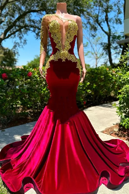 Long sleeves One shoulder Gold Appliques Burgundy Prom Party Dresses Tunics Practical durable