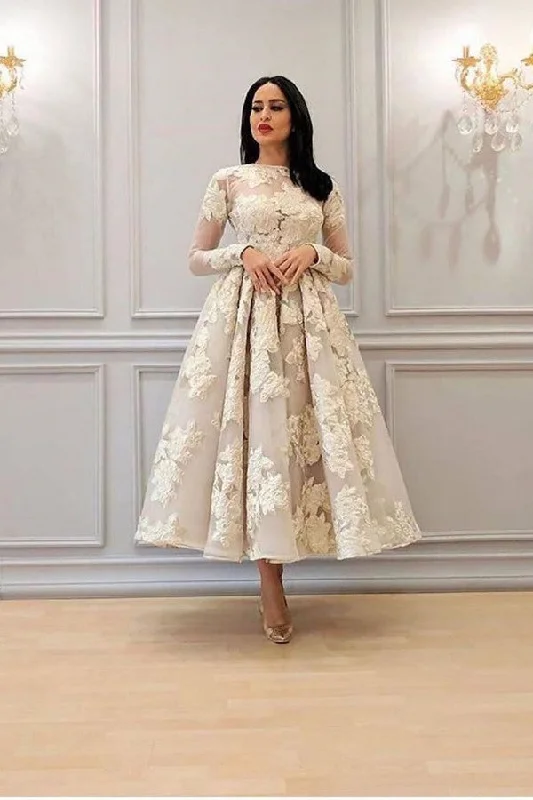 Charming Long Sleeves Floral A-line Evening Dress Ankle Length Party Dress Tunics Bridal satin