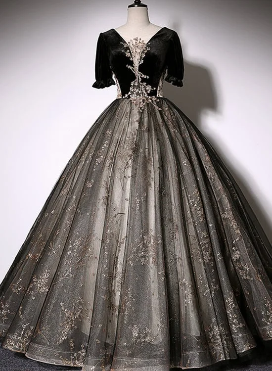 Beautiful Black Tulle Short Sleeves Long Party Dress Black Short Sleeves Prom Dress prom dresses shops Square Neckline Feminine