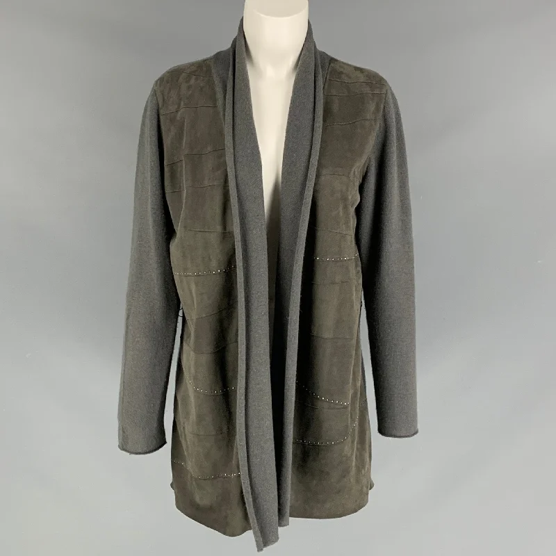 FABIANA FILIPPI Size M Olive Suede Studded Open Front Grey Cardigan Spandex Blend Rayon Blend Denim Blend