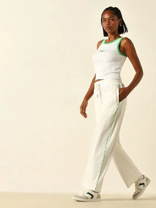 Studiofit White Ribbed Mid-Rise Cotton Blend Track Pants Relaxed Lounge Trousers
