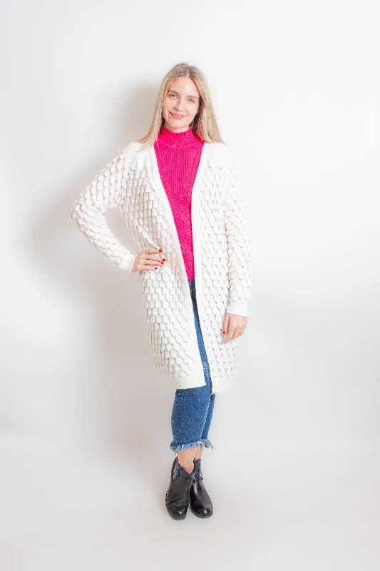 Off White Scalloped Long Cardigan Wool Fabric Cashmere Fabric Tweed Fabric