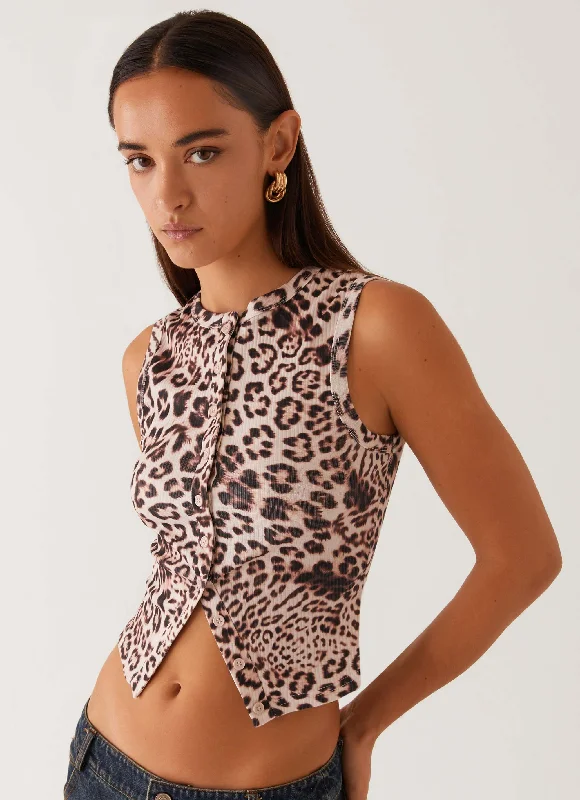 Blair Buttoned Tank Top - Leopard lavender tank top