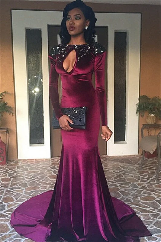 Sexy Long Sleeve Backless Mermaid Prom Party Dress  Velvet Keyhole Neckline Evening Gowns BA1329 Tunics Formal black