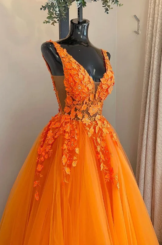 Orange V-Neck Lace Long Prom Dresses, A-Line Evening Party Dresses Tunics Hiking breathable
