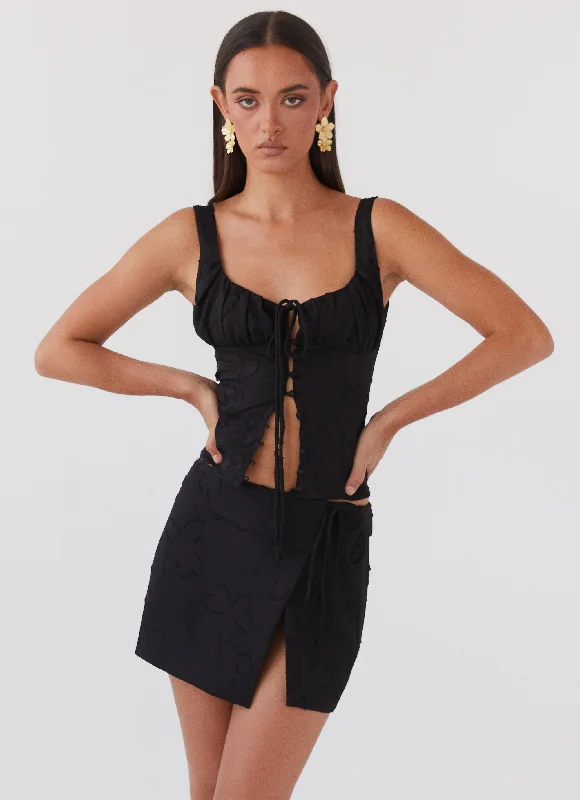 Bianka Wrap Mini Skirt - Black Petal denim skirt stylish