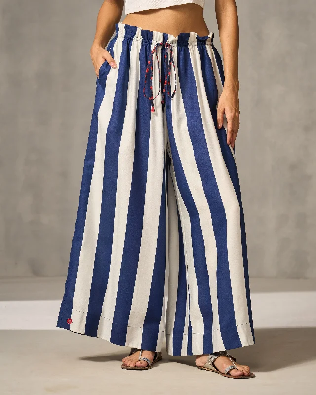 Paperbag Waist Pants - Navy & Ivory Print Formal Dress Pants