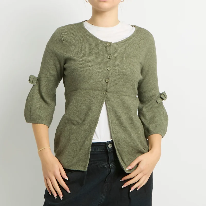 3/4 Sleeve Bow Detail Cardigan - UK 12 Hooded Caped Shawl Collar