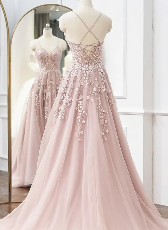 Pink Tulle With Lace Straps Long Party Dress, Pink Tulle Prom Dress Evening Dress Tunics Stylish elegant