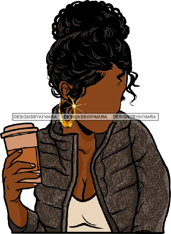No Face Curly Black Woman Afro Hair  Gray Jacket Holding Coffee Cup SVG JPG PNG Vector Clipart Cricut Silhouette Cut Cutting Cardigan Sweater Pullover