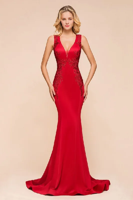 Sexy V-neck Sleeveless Mermaid Evening Maxi Gown Floral Appliques Party Dress with Sweep Train Tunics Mesh breathable Sexy V-neck Sleeveless Mermaid Evening Maxi Gown Floral Appliques Party Dress with Sweep Train Tunics Mesh breathable