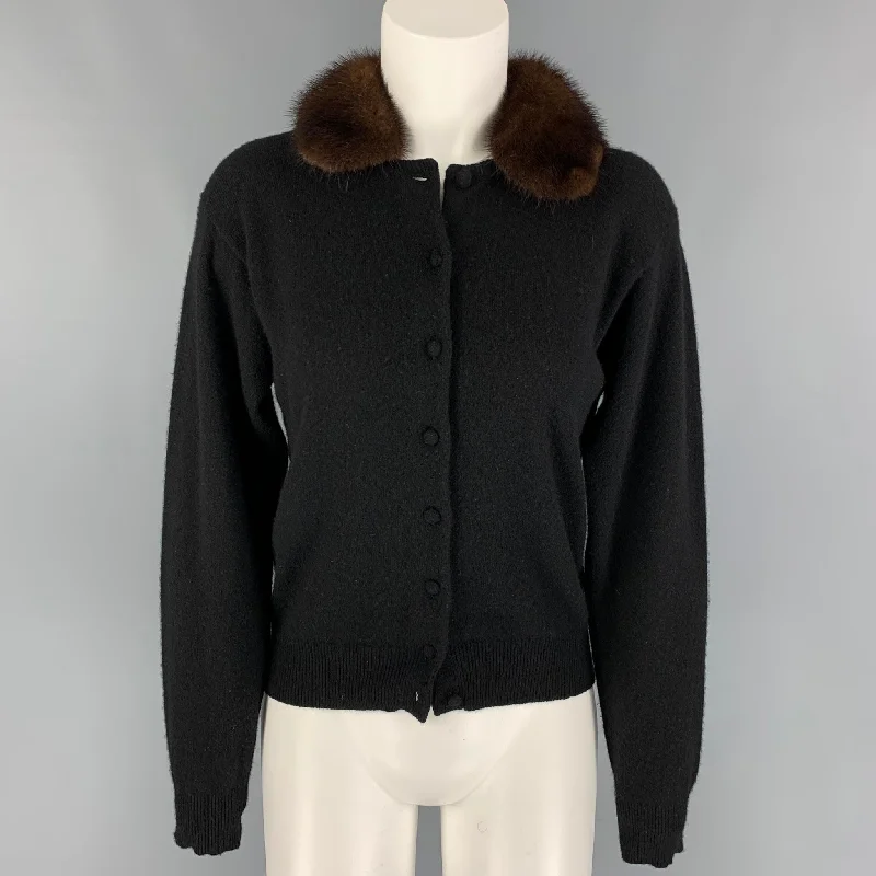 RALPH LAUREN Size M Black Cashmere Mink Collar Cardigan Elegant Classic Vintage
