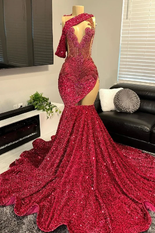 One shoulder Burgundy Sequin Prom Party Dresses with cutout Tunics Chic fashionable
