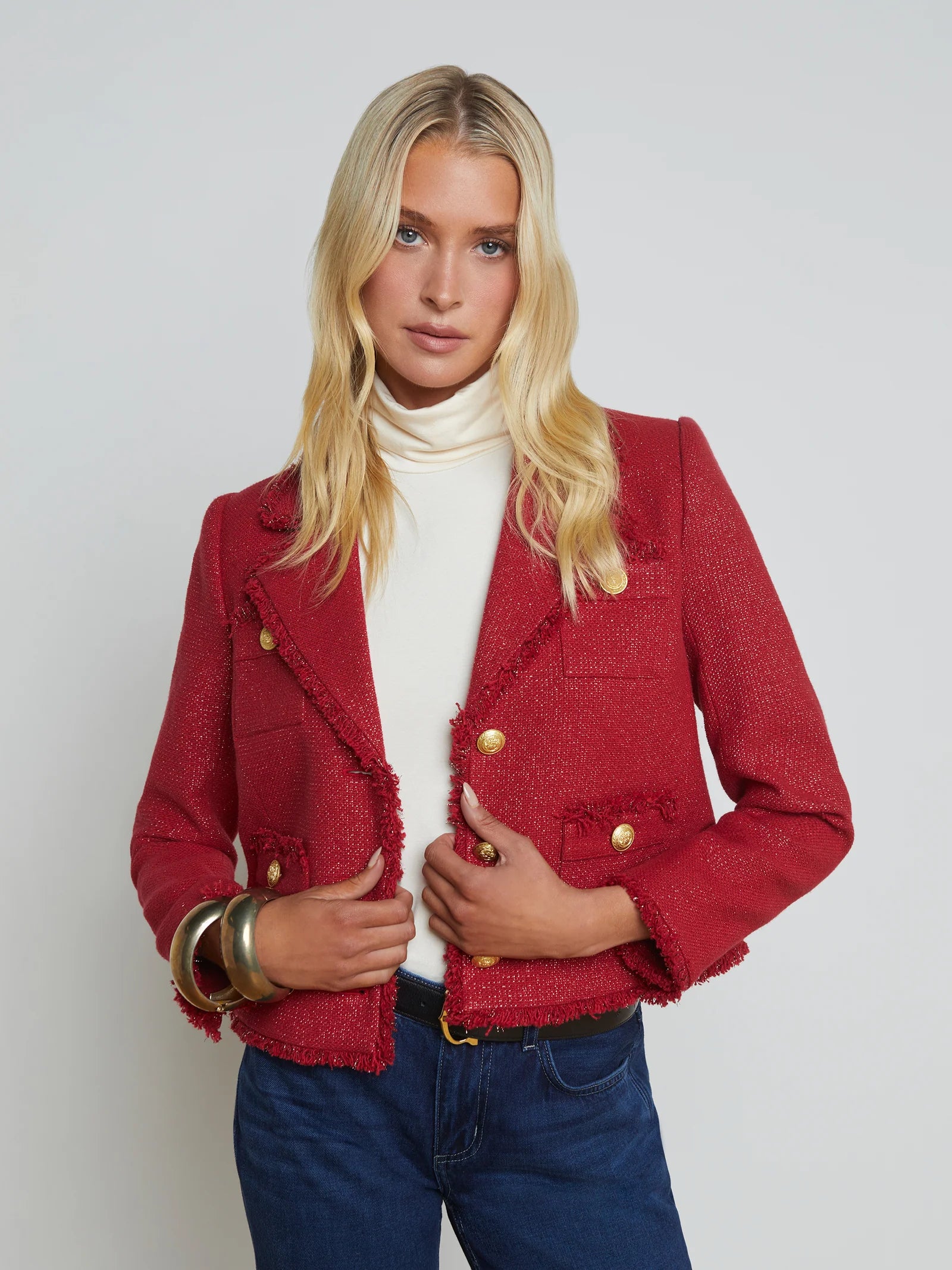 Sylvia Collared Jacket Garnet Red/Copper - L'AGENCE Lace Jacket Ribbed Jacket Sequined Jacket