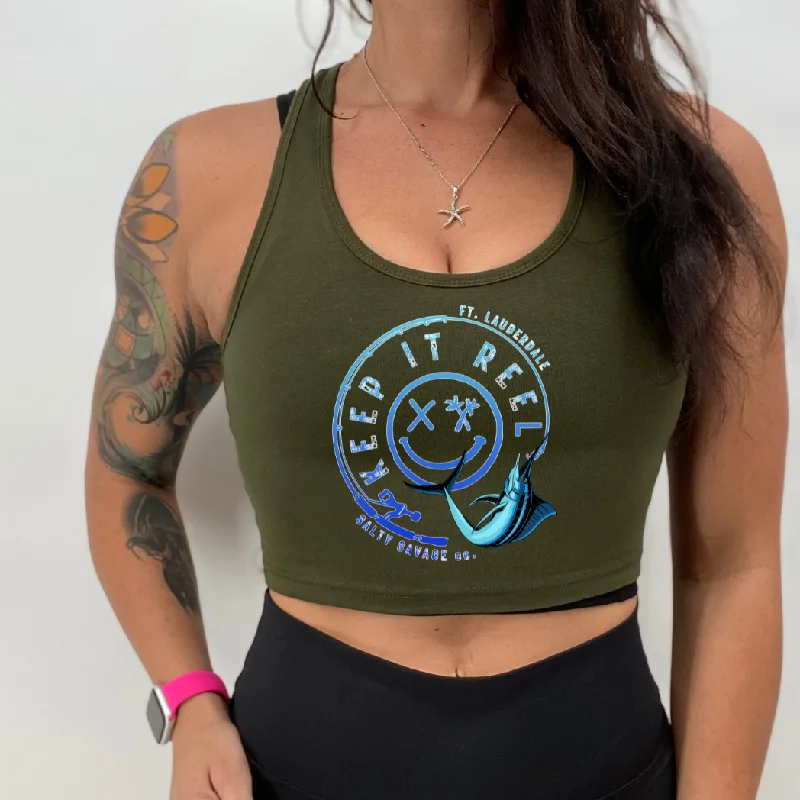 Ladies "KEEP IT REEL" Racerback Crop Tank | V2 activewear tank top