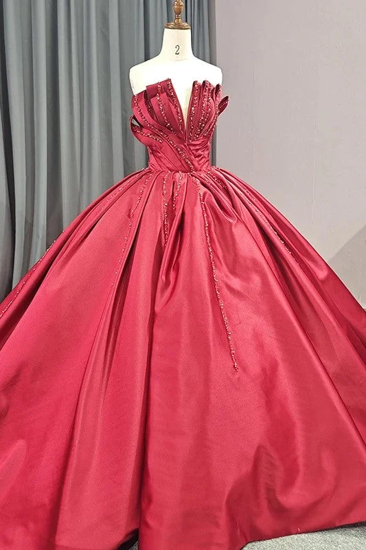 Classic Strapless Sequins Ball Gown Pleated Evening Party Dress Crew Neckline Casual