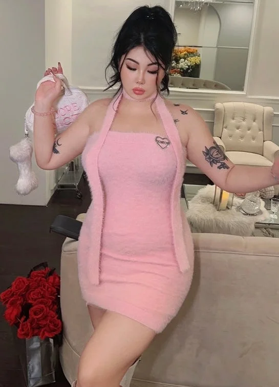 BONBON Solid Color Pink Sleeveless Fluff Ribbon Slim Mini Dress Stripe Sweater Cardigan Matching Set Oversized Loose Flowy