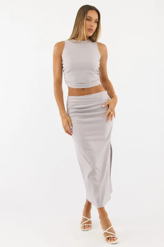 Grey Gathered Midi Skirt High Rise Bengaline Split slim fit skirt