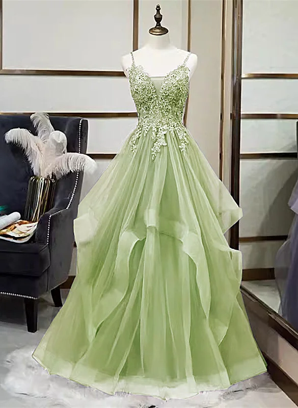 A-Line Tulle With Lace Applique Straps Long Party Dress, Green Tulle Prom Dress Tunics Sophisticated sleek