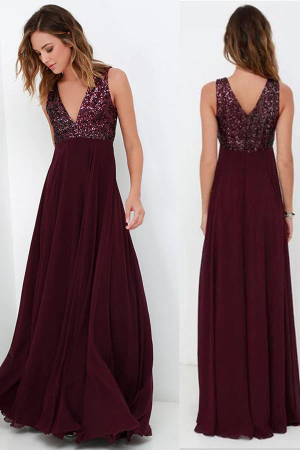 Burgundy A Line Floor Length Deep V Neck Sleeveless Bridesmaid Dresses Wedding Party Dresses Pencil Length Work